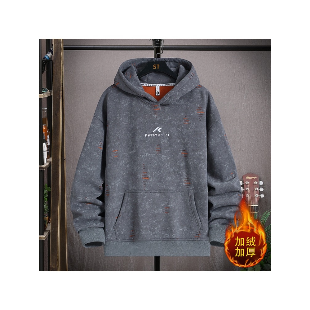 香港撤柜冬季连帽纯色破洞卫衣男孩初高中学生加绒加厚青少年外套