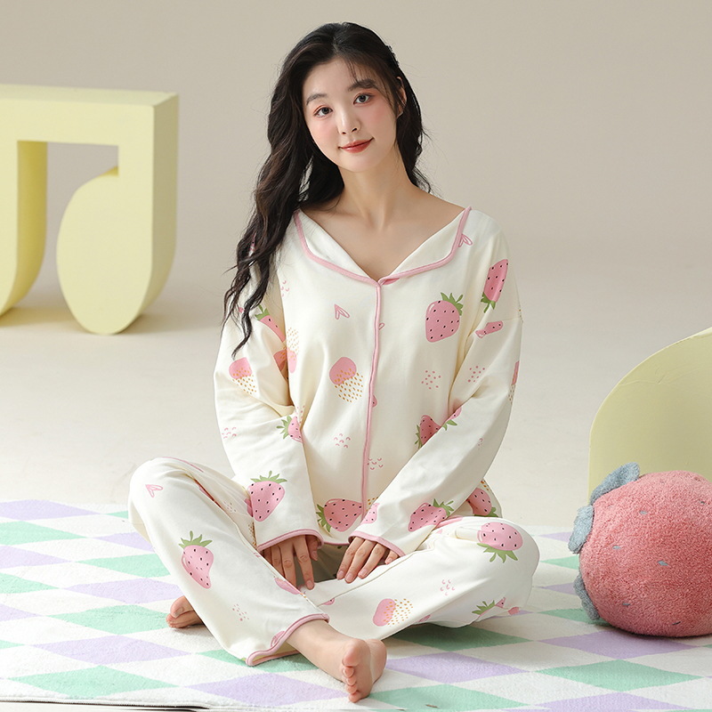 今年新品带胸垫ins风睡衣女季莫代尔长袖两件套卡通可爱女宽松家