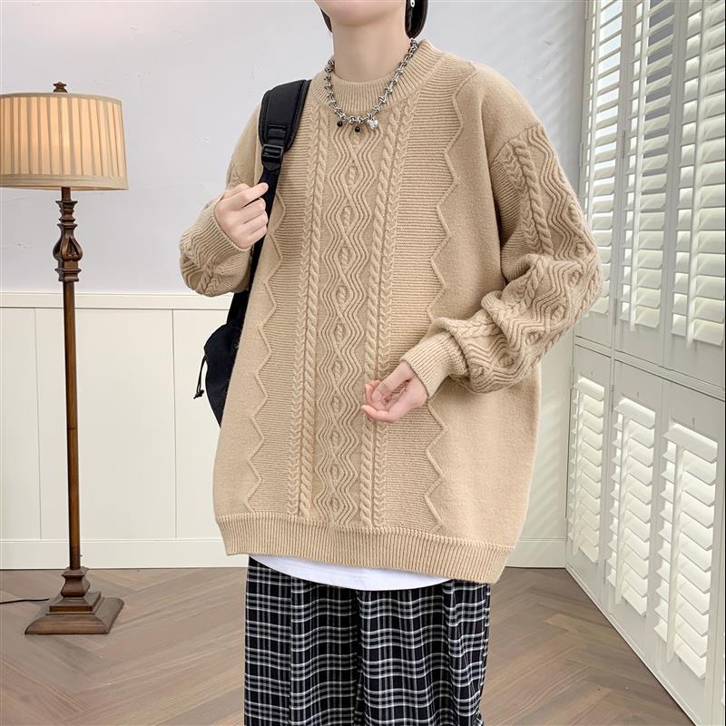 潮流时尚麻花毛衣男个性宽松半高领套头上衣服冬加厚潮牌纯色针织