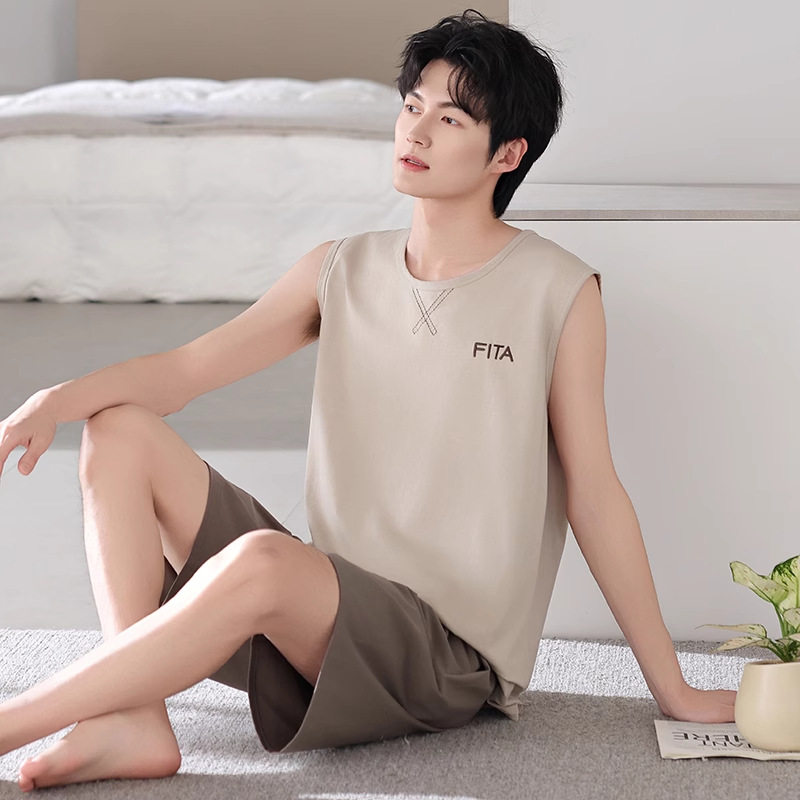 德国睡衣男士夏季薄款纯棉背心短裤家居服男款夏天夏款可外穿大码