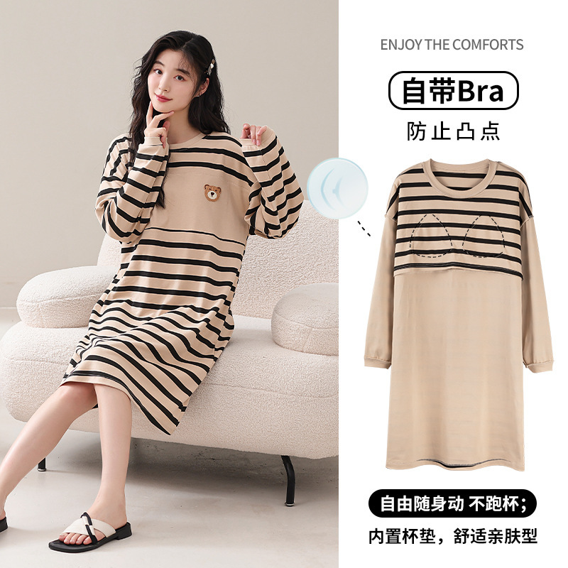 潮牌季带胸垫女士睡裙纯棉中长款连衣裙全棉休闲宽松睡衣女家居服