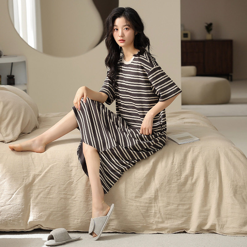 德国夏季新款莫棉女士睡衣家居服条纹睡裙宽松舒适家居服可外穿睡