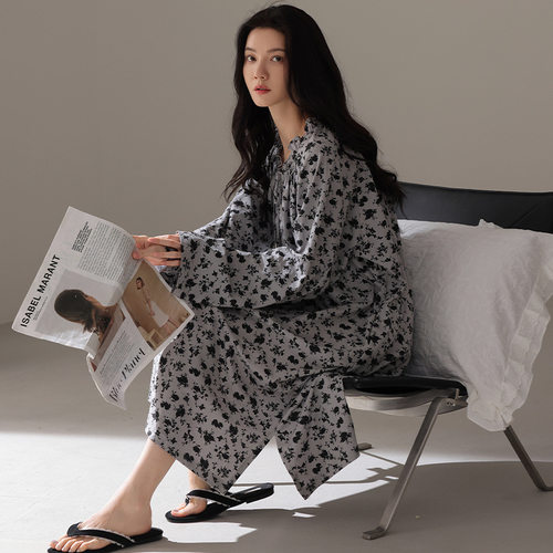 德国睡裙女季纯棉长袖新款中长裙休闲可外穿全棉家居服连衣裙