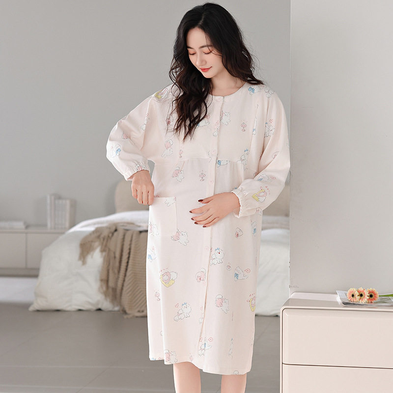 德国长袖睡裙纯棉月子服女夏薄款全棉孕妇产后哺乳喂奶连衣裙家居