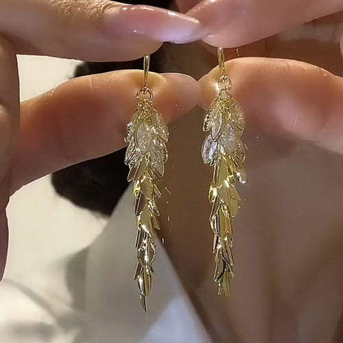 撤柜气质轻奢高级感闪钻锆石麦穗耳环小众设计感长款流苏叶子耳饰