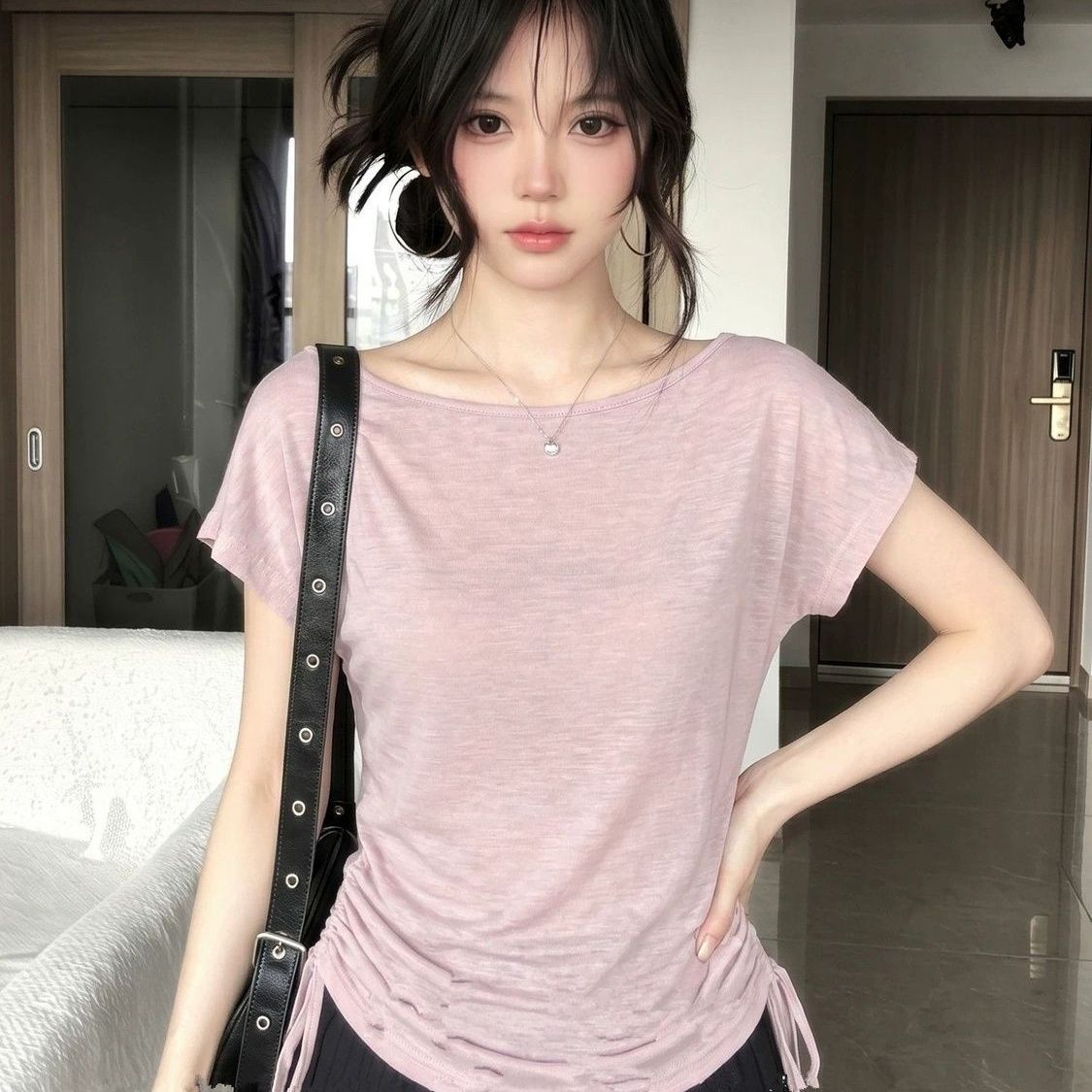 粉色设计感抽绳收腰短袖T恤女装夏季新款纯欲风斜肩露肩上衣大码