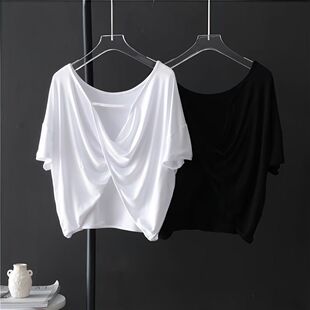 大码 新款 300斤宽松休闲交叉纽结上衣 T恤女夏季 小心机性感露背短袖