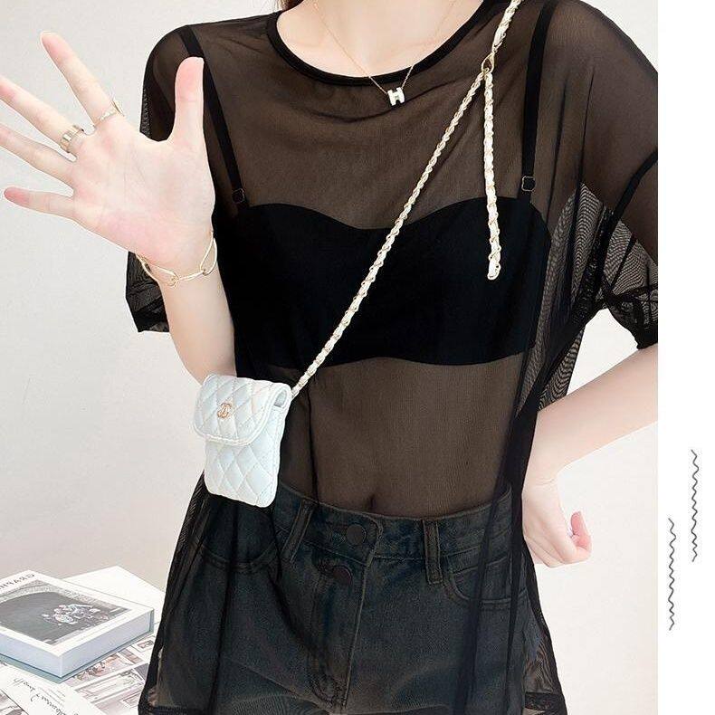 大码300斤黑色网纱短袖t恤女夏中长款宽松显瘦防晒罩透视镂空上衣