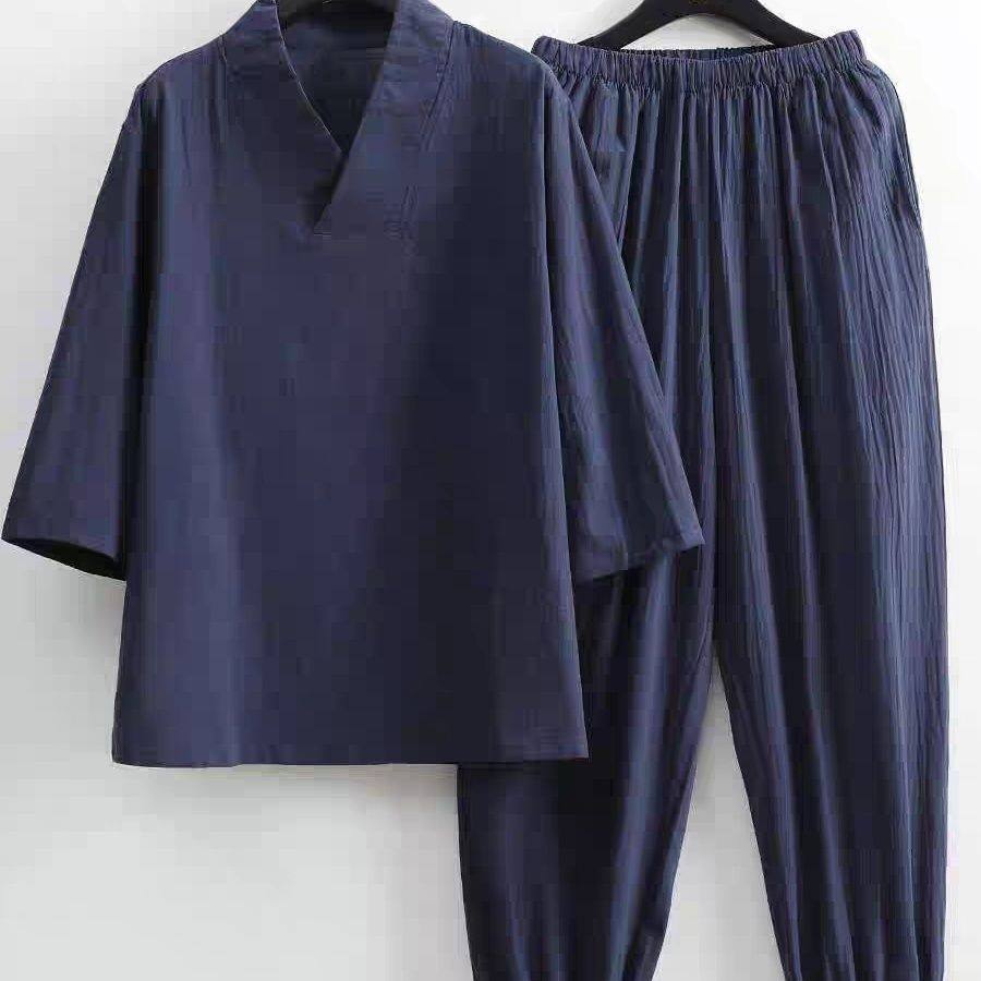 禅修服交领七分袖长裤套装男女款汉服瑜伽打坐服新中式大码300斤
