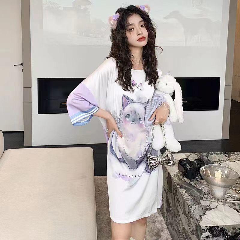 胖MM大码300斤睡裙女夏季可爱魔法猫咪短袖高级感网红日系家居服