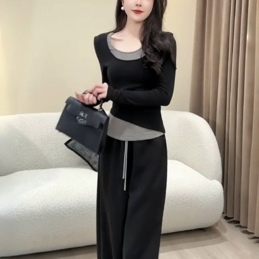 大码300斤宽松百搭休闲女装2025春秋假两件长袖T恤设计感时尚上衣