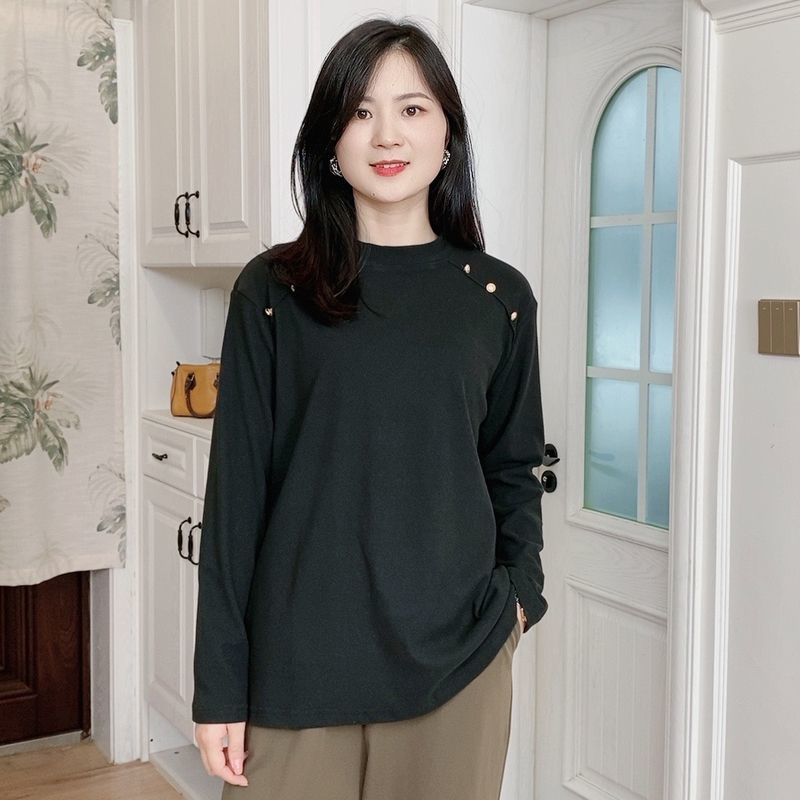 大码女装300斤秋冬新款纽扣正肩显瘦圆领长袖双面德绒保暖打底衫