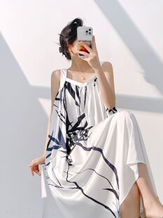 吊带睡裙女夏季2025新款冰丝长裙复古竹子印花性感睡衣大码300斤