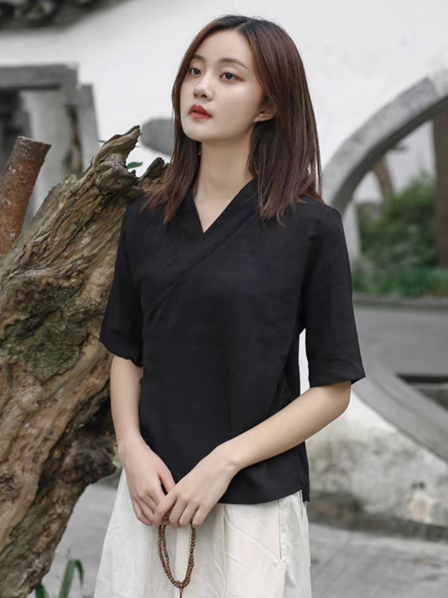 唐装系带改良汉服上衣夏季女禅意文艺中国风禅服茶艺服大码300斤
