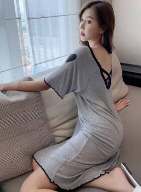 胖mm女士大码300斤夏季短袖性感交叉露肩美背睡裙可外穿家居服
