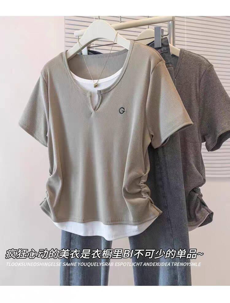 拼接不规则V领冰丝短袖T恤夏季大码300斤显瘦遮肉掐腰假两件上衣