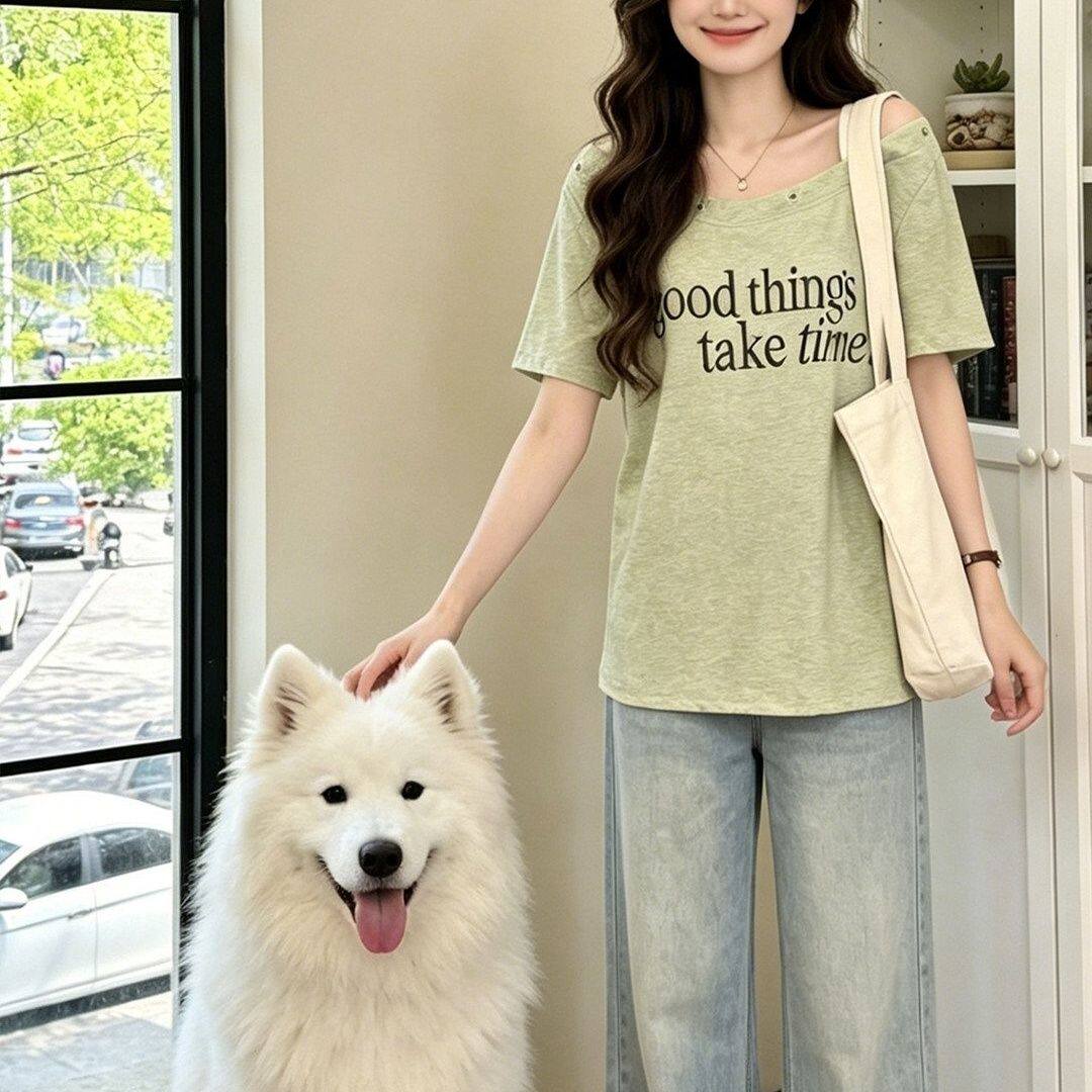 2026女夏季宽松假两件绿色露肩短袖t恤大码胖mm显瘦独特漂亮上衣