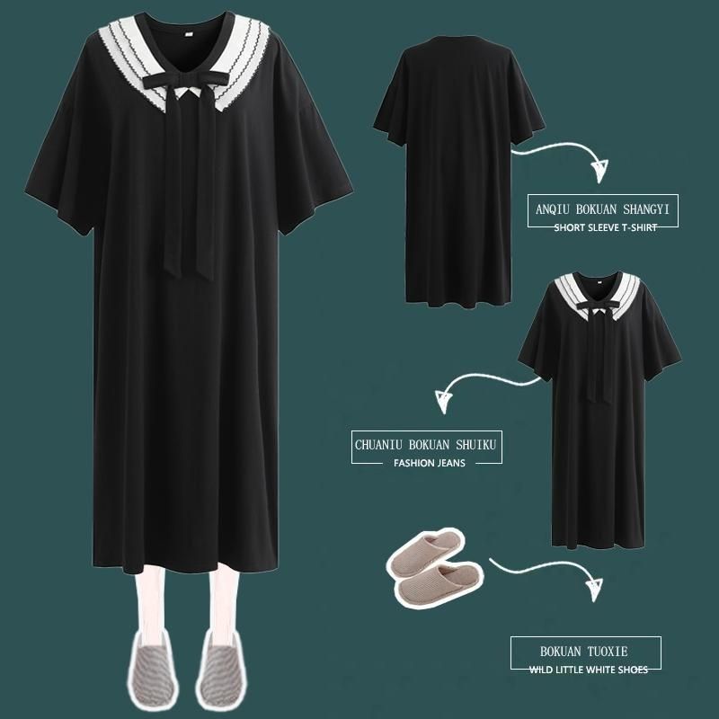 短袖睡裙大码300斤女夏季长款睡衣胖MM冰丝薄款蝴蝶结休闲家居服