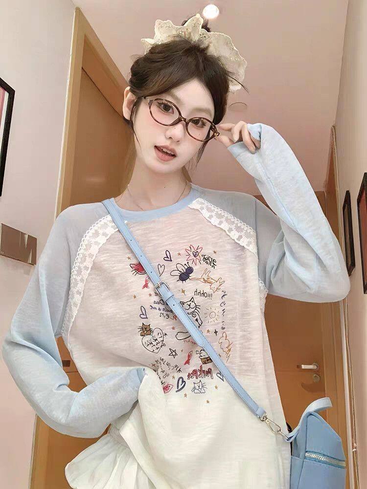 韩系长袖T恤女防晒罩衫夏季新款显瘦撞色插肩袖薄款上衣印花大码
