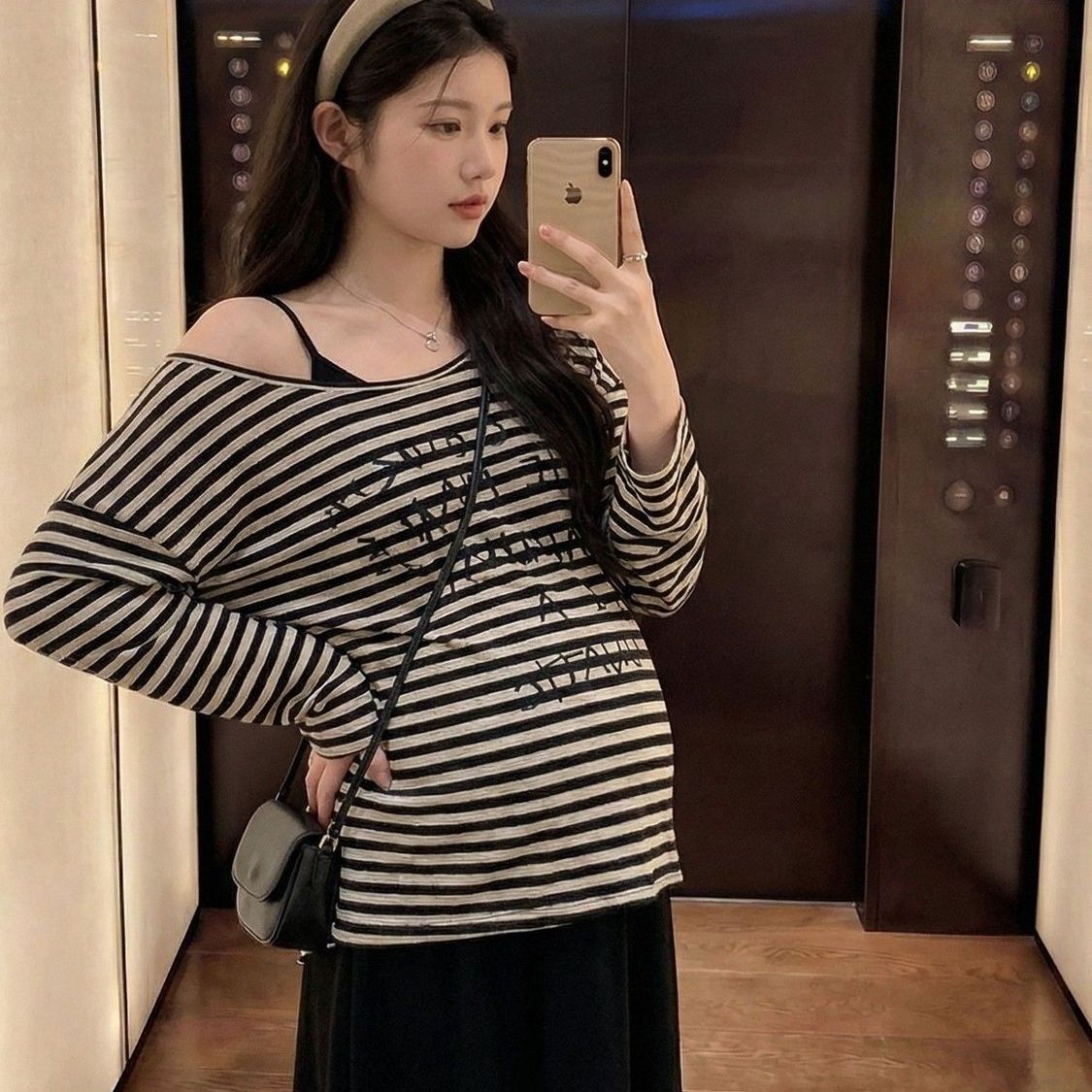 撞色条纹宽松长袖T恤女早春慵懒风薄款防晒罩衫休闲半裙大码套装