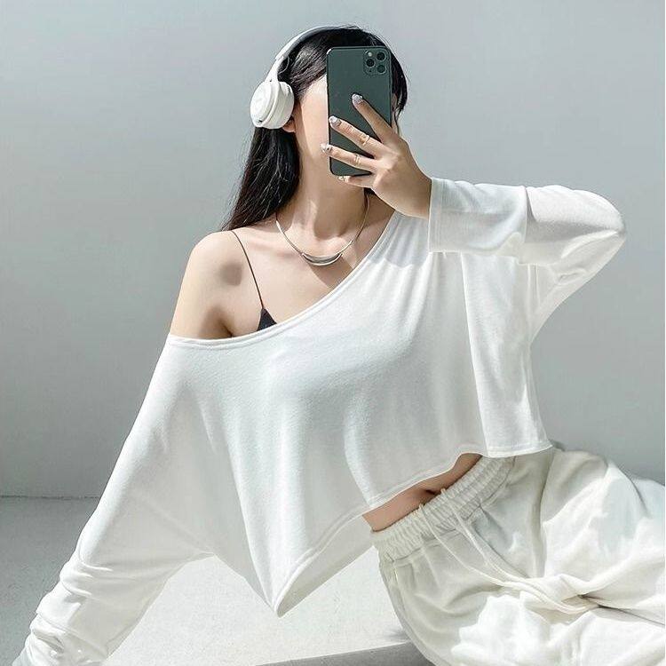 2026女夏季慵懒露肩一字领露肚脐长袖罩衫爵士舞辣妹短款上衣大码