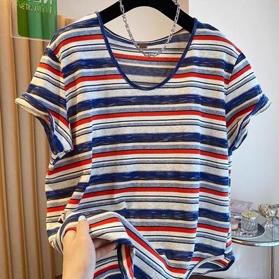 胖MM大码300斤条纹冰丝轻薄凉快短袖T恤女夏韩系穿搭宽松显瘦上衣