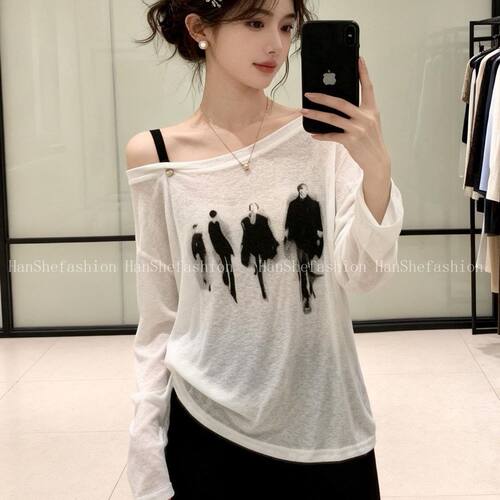 2026春夏新款白色防晒长袖宽松大码t恤微胖女装罩衫露肩上衣百搭