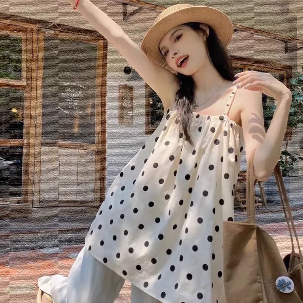 女夏季新款大码胖mm波点吊带宽松背心显瘦上衣百搭无袖性感甜美风