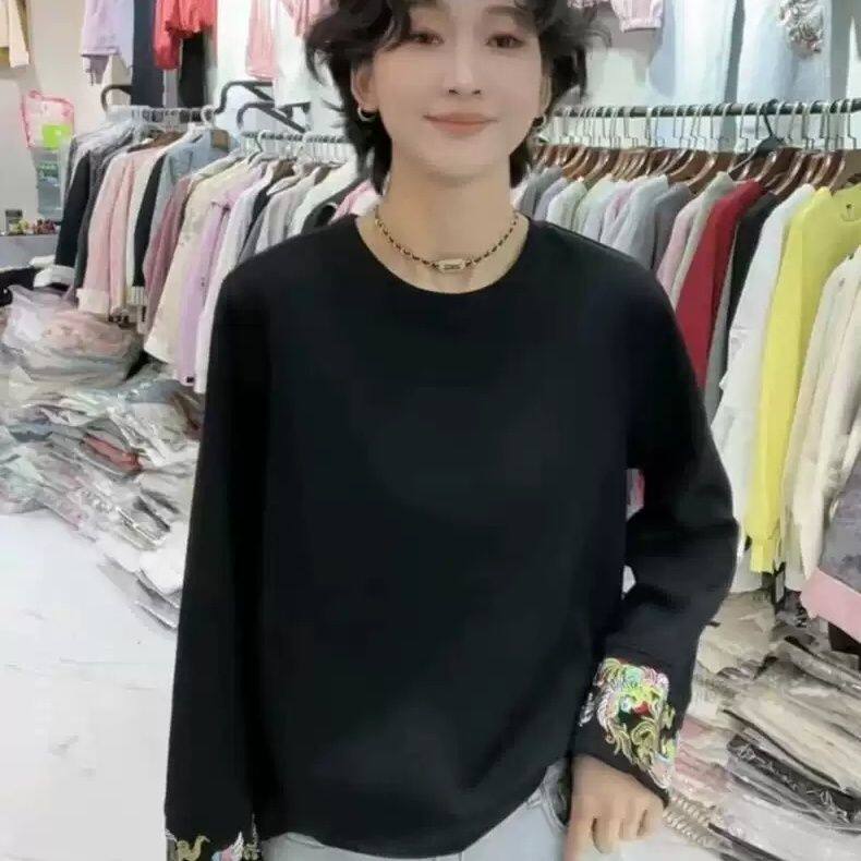 欧货黑色德绒女秋冬季2025圆领时尚新中式长袖绣花上衣大码300斤