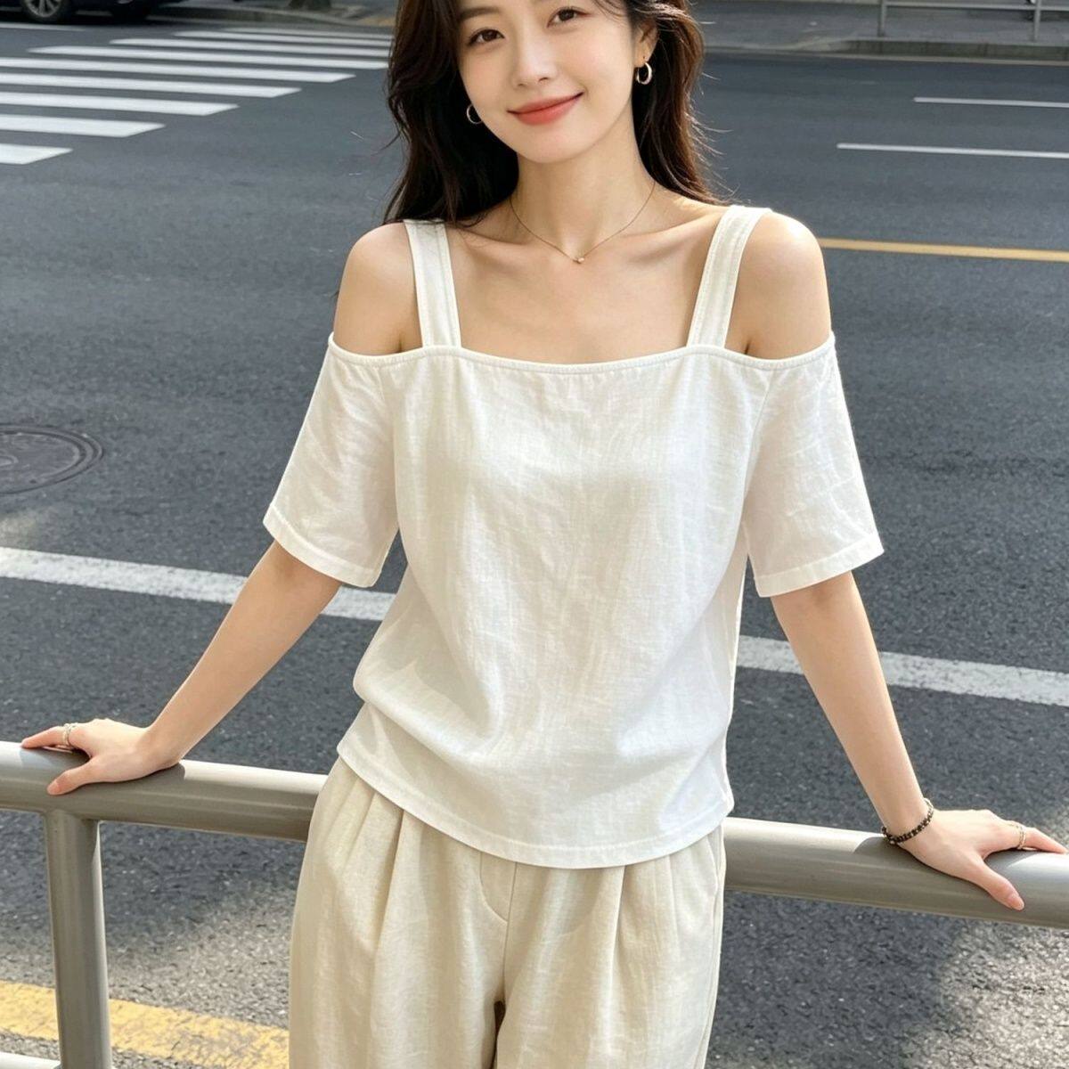 设计感露肩一字领吊带短袖T恤女夏季慵懒风大码300斤休闲性感上衣