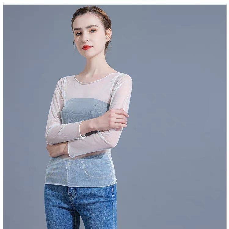 长袖网纱打底衫女春夏季性感透明薄纱衣洋气内搭T恤上衣大码300斤