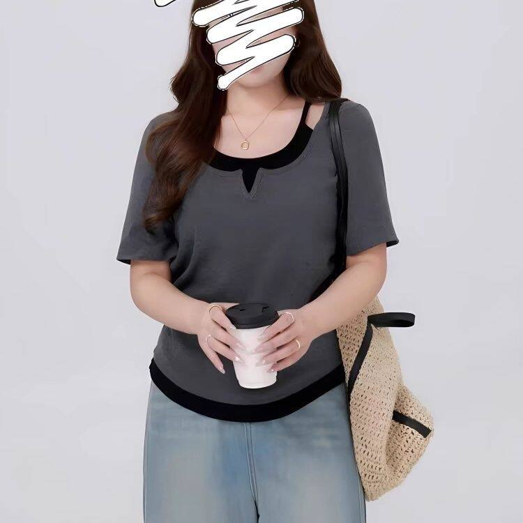 大码300斤假两件小众设计感短袖t恤女夏季微胖mm洋气别致时尚上衣