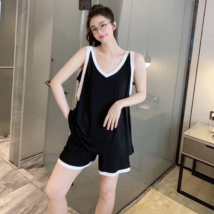 300斤大码睡衣女夏无袖背心短裤二件套装黑色撞色宽松甜美家居服