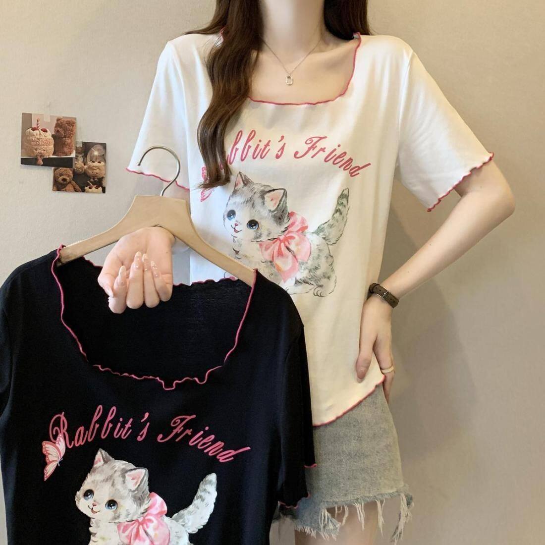 法式甜辣大码300斤短袖印花T恤女装胖mm夏季欧货小衫方领遮肉上衣