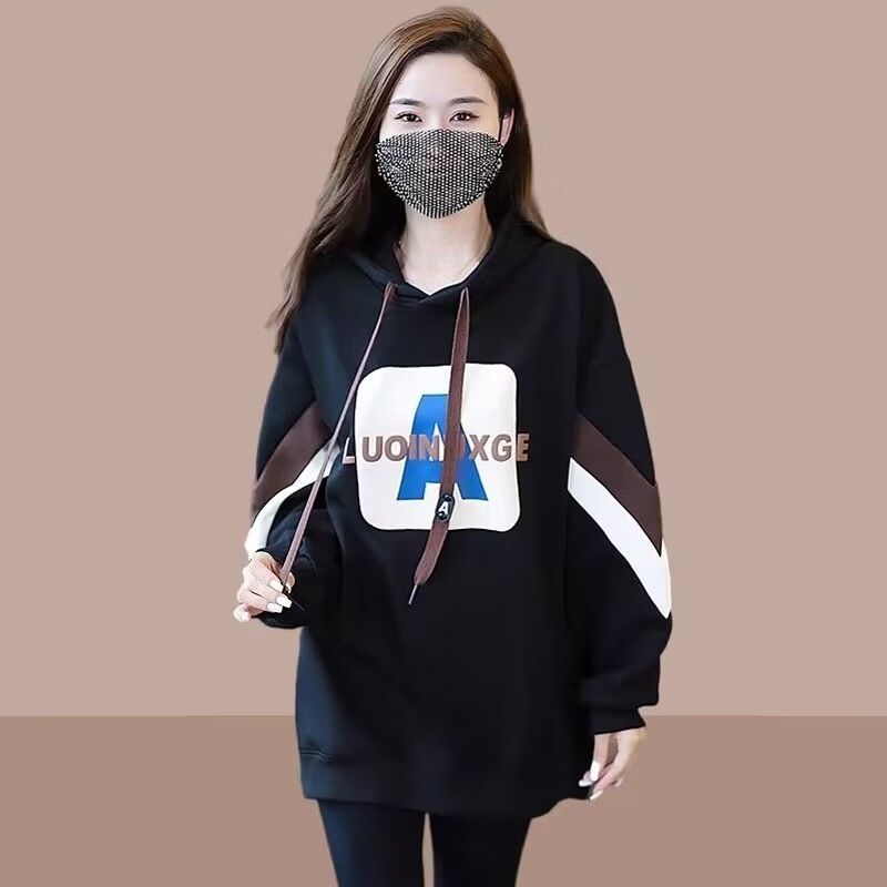 秋冬卫衣中长款时尚长袖加绒加厚宽松大码300斤洋气连帽外套绒衫