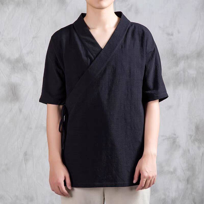 中式汉服改良男女款大码斜襟系带古代佛系短袖居士禅修服交领上衣