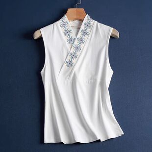 新中式改良汉服无袖上衣复古交领内搭背心中衣印花禅服大码300斤