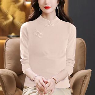 大码国风斜襟套头打底衫女秋冬季内搭长袖德绒保暖新中式气质上衣