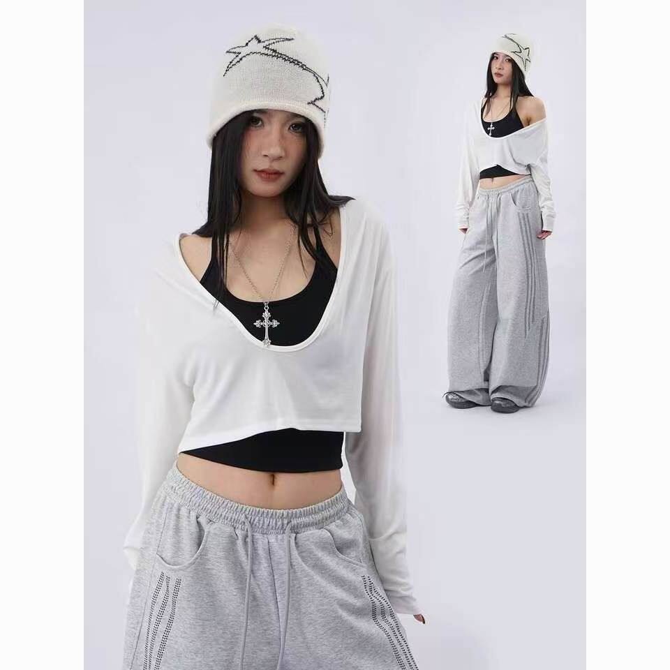 2-300斤大码宽松长袖T恤女夏短款露脐一字肩薄款露肩防晒罩衫上衣