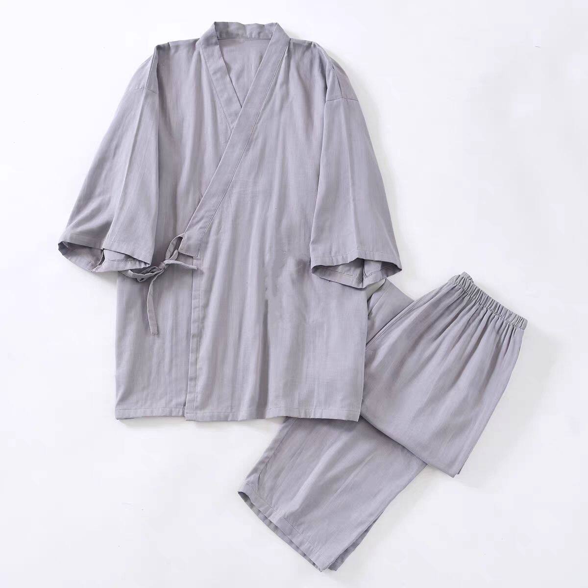 汉服中式男女春夏季交领系带睡衣家居服简约纯色短袖长裤套装大码