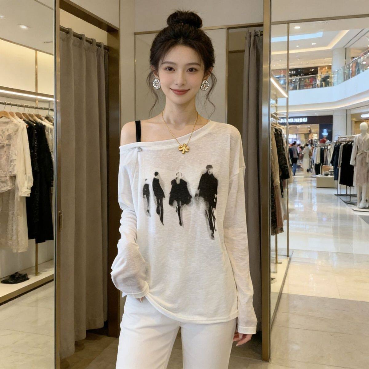 长袖t恤大码胖mm宽松显瘦印花单肩斜领露肩时尚防晒罩衫春夏上衣