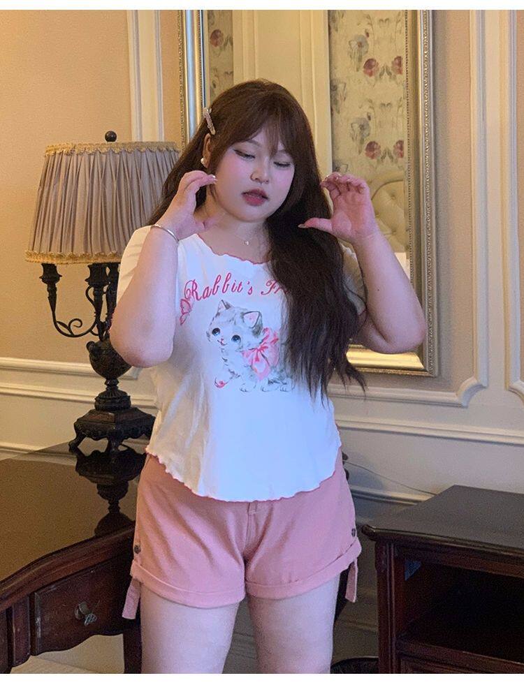 大码300斤纯欲风正肩短袖T恤夏季胖mm小猫咪印花小清新风休闲上衣