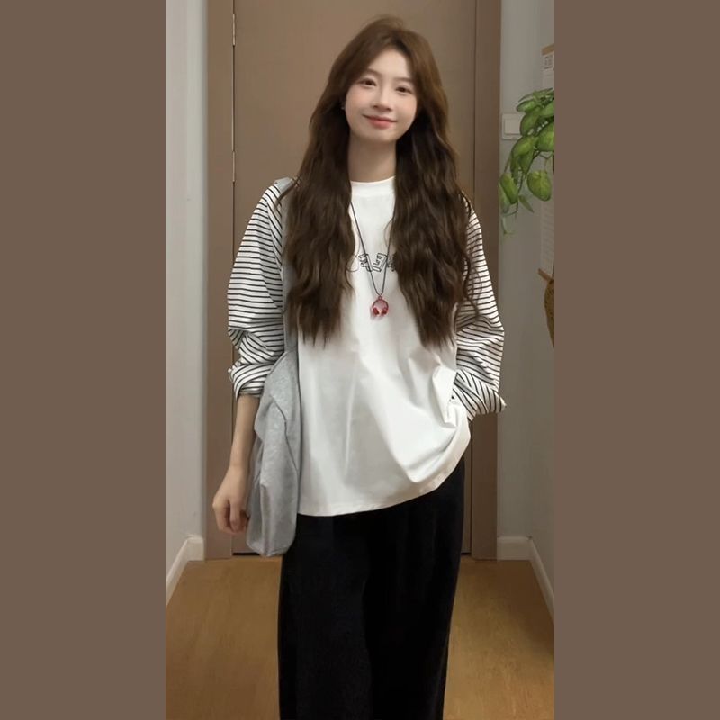 德绒插肩长袖t恤女秋冬季拼接条纹打底衫学院风保暖上衣大码300斤