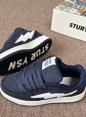 原创港风深蓝色闪电厚底面包鞋女鞋2025冬季新款潮流小众低帮板鞋