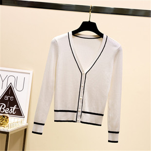 春秋新款针织衫女 学院风V领黑白条纹针织开衫 显瘦短款毛衣外套