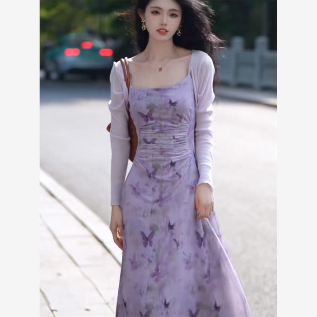 夏季气质时尚减龄防晒开衫吊带裙套装蝴蝶印花收腰显瘦连衣裙女