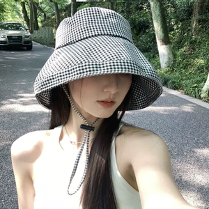 大檐防晒遮阳千鸟格渔夫帽女春夏户外盆帽透气紫外线大头围太阳帽