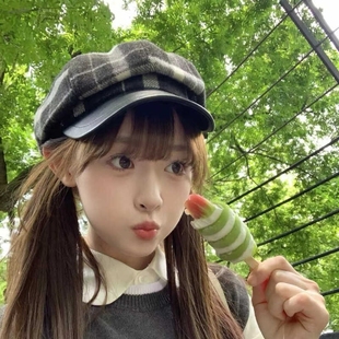 女帽子洋气时髦八角帽时尚韩版格纹复古毛呢拼接氛围感百搭贝雷帽
