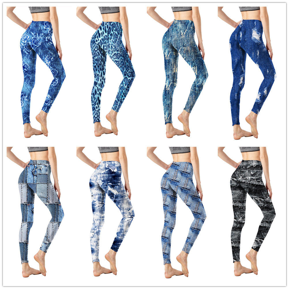 跨境新款仿牛仔印花亲肤紧身九分裤女 外穿打底裤 jean leggings