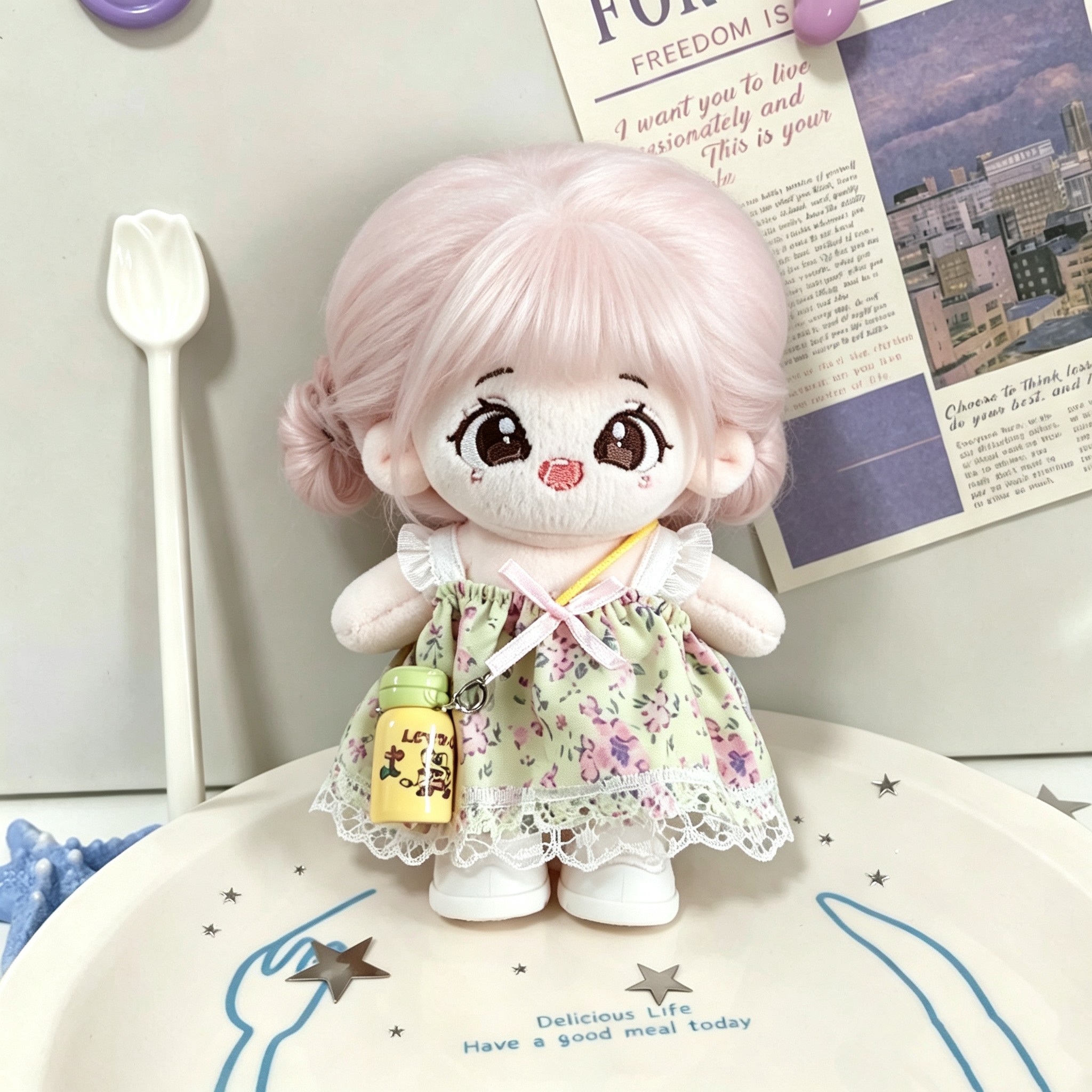粉毛棉花娃娃10cm碎花裙3件套